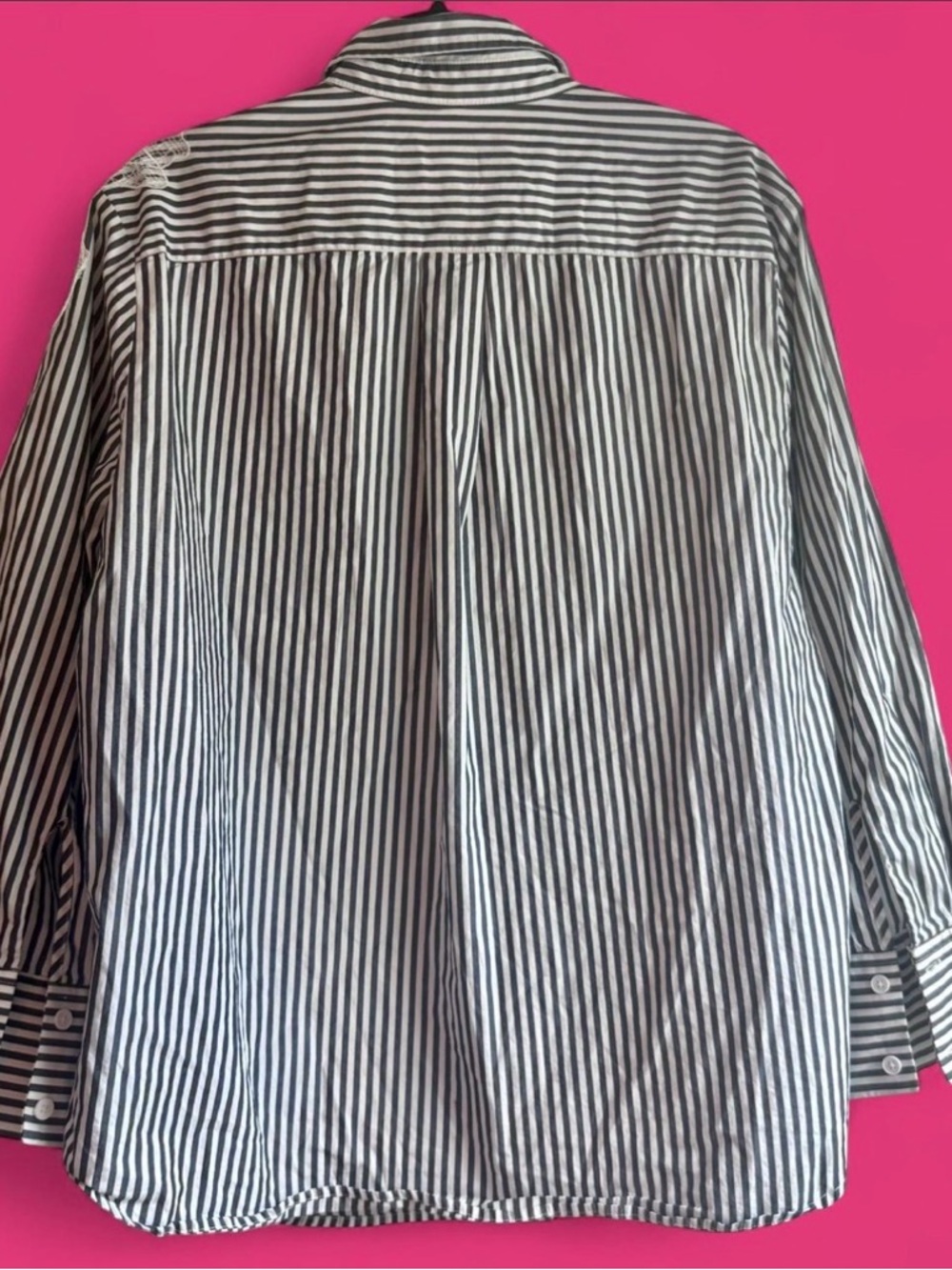 EUC Anne Klein Navy & White Striped Button-Down Shirt with White Lace Appliqué - Picture 7 of 7